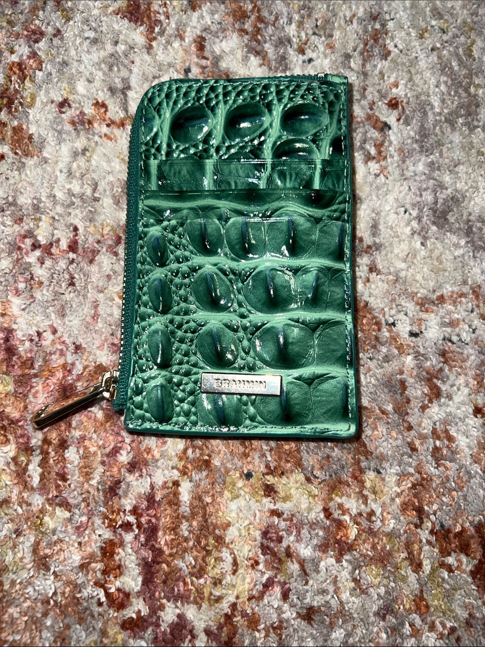 Brahmin Emerald Green Croc-Embossed Leather Card Holder with Zip